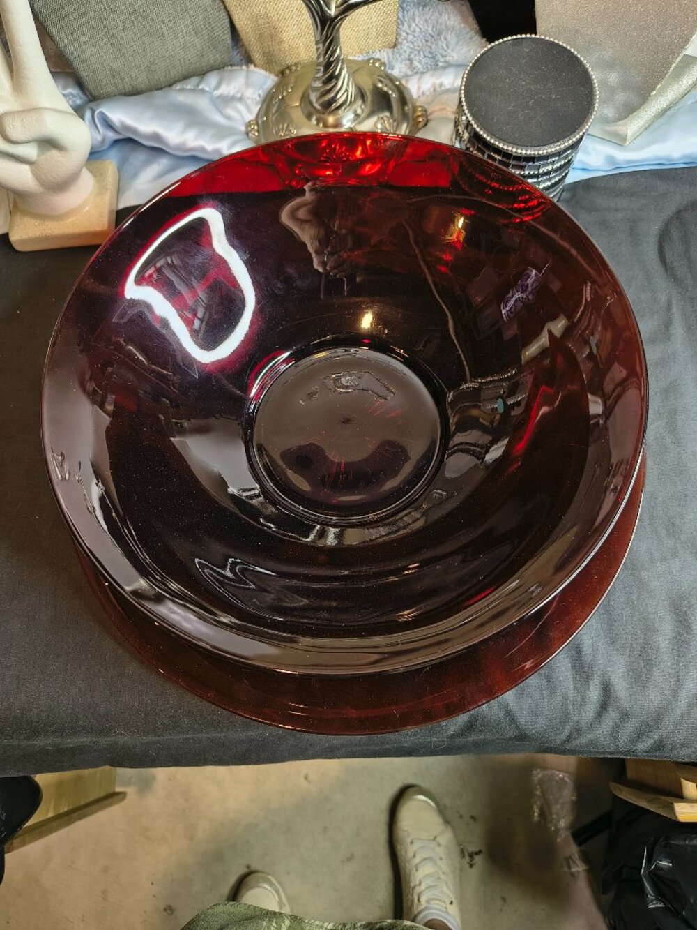 Vintage Ruby Red Large Salad Bowl with Under Plate